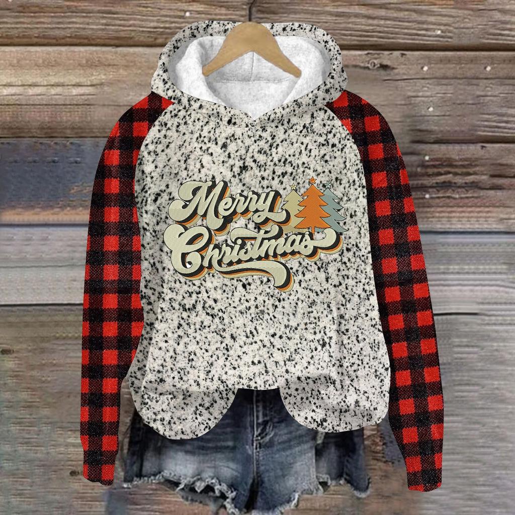 Women's Fashion Pullover Plunging Sleeve Christmas Printed Hooded Sweatshirt
