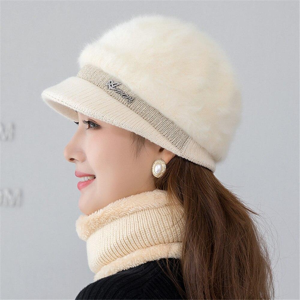Новая женская зимняя шапка, сохраняющая тепло, модная шапка и шарф, комплект, теплые шапки для женщин, повседневная вязаная шапка из меха кролика, зимняя вязаная шапка
