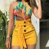 Casual Summer Beach Women Solid Color Belted Buttons High Waist Shorts Hot Pants