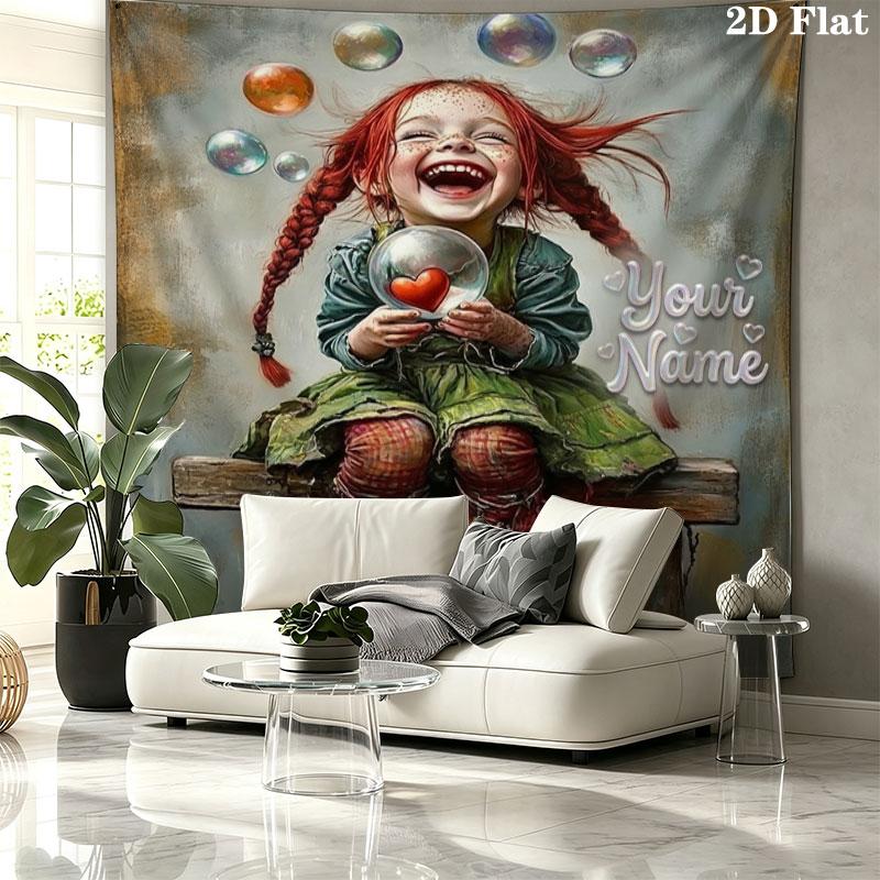 Pippi Longstocking Custom Name Wall Tapestry Aesthetic Wall Hanging Printed Fabric Blanket Decorative Tapestries for Bedroom Living Room Home Decor