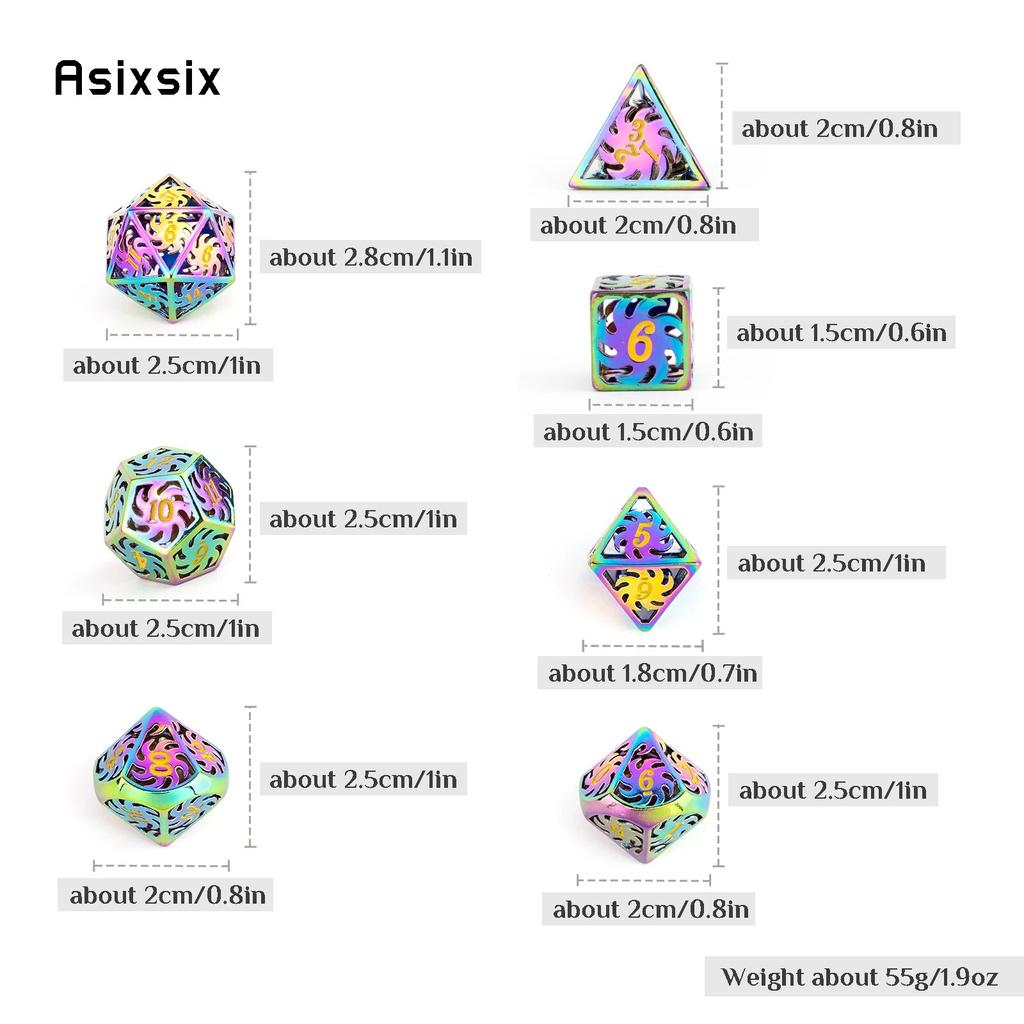 7 шт. красочные вращающиеся металлические кубики с ветряной мельницей, набор полых металлических многогранных кубиков, подходящий для ролевой игры, настольной игры, карточной игры