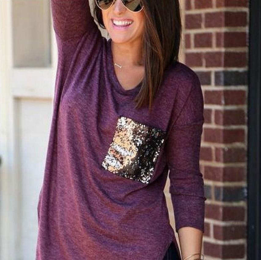 Sleeved Long Tshirt Long Sleeve Blouse Tshirt Pocket Jacket Sequin Glitter