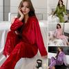 2 Pcs/Set Fall Winter Women Pajamas Suit Lace Trim V Neck Printing Long Sleeve