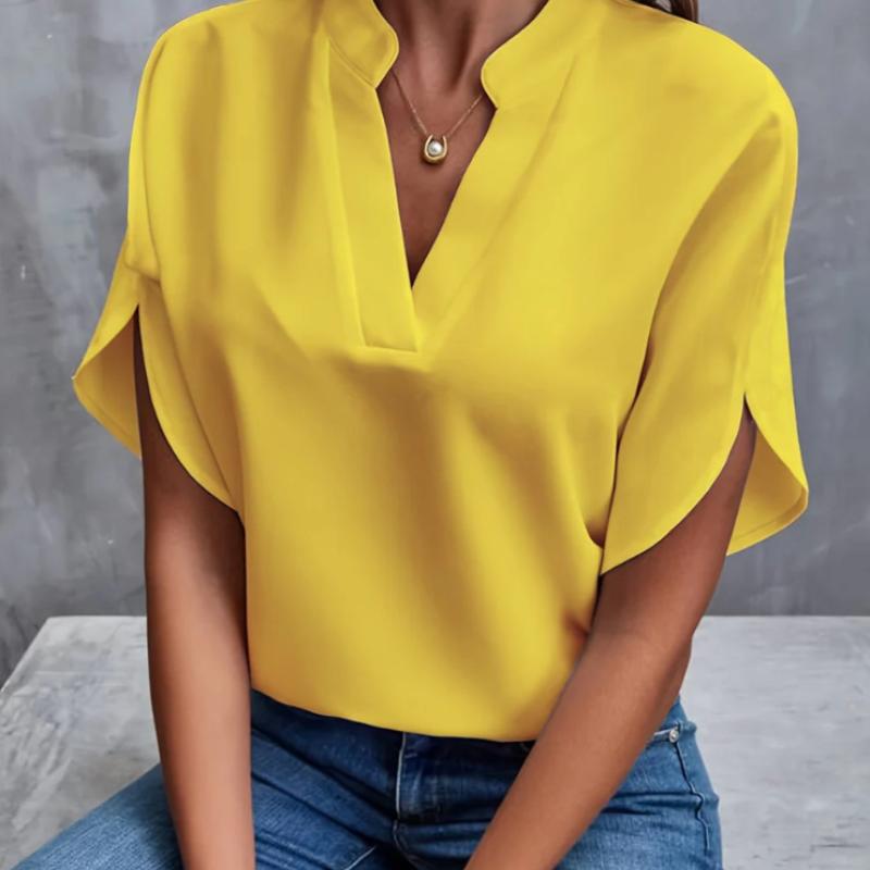 Solid Color Notch Neck Blouse, Casual Short Split Sleeve Blouse For Spring & Summer, Women's Clothing