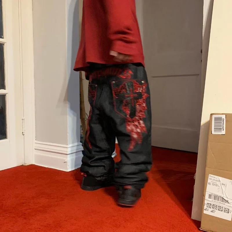 High Street Gothic Embroidered  Black Red Pattern Y2K High Waist Jeans American Retro Street Couple Casual Pants