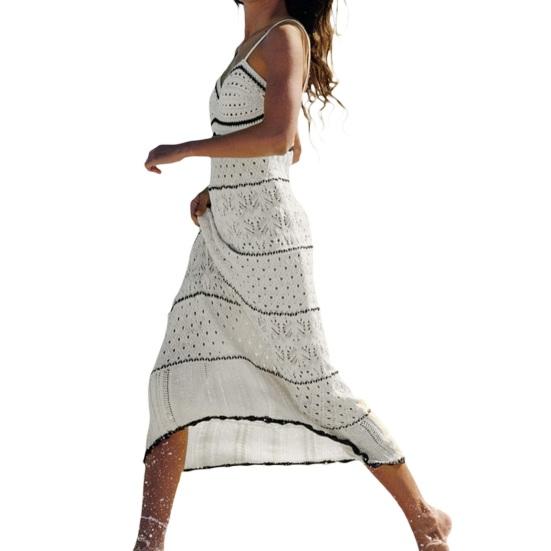 Women's Crochet Sleeveless Long Dress Spaghetti Strap Eyelet Striped Midi Dress Summer Beach Knit Cami Dresses
