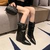 Autumn Vintage Thick Heel Women Western Cowgirl Boots Fashion Belt Buckle Ladies Elegant Slip On Mordern Mid Calf Booties
