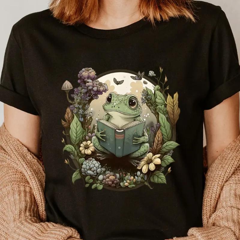 Модная женская футболка с принтом «Лягушка, читающая» Смешная повседневная футболка с круглым вырезом и короткими рукавами Летняя женская футболка