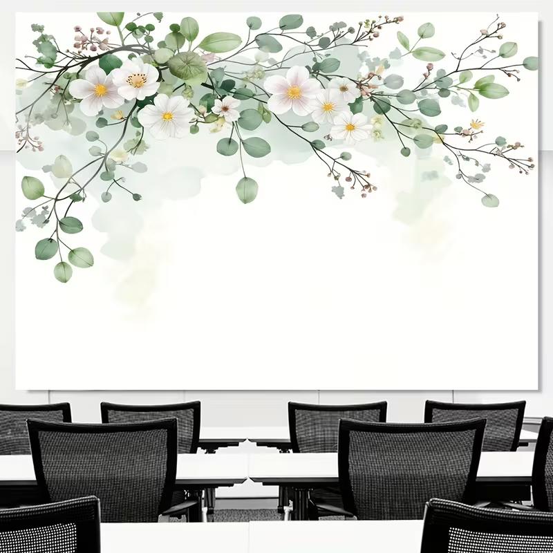 2D Watercolor Eucalyptus and White Flowers Backdrop Party Photo Background Cloth