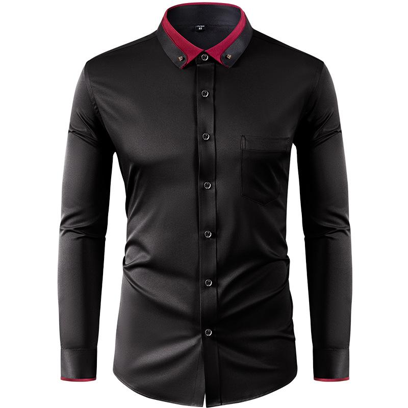 Four Sided Elastic Shirt for Men Color Blocked Diamond Button Lapel Shirt Casual No Iron Formal Wear Shirt