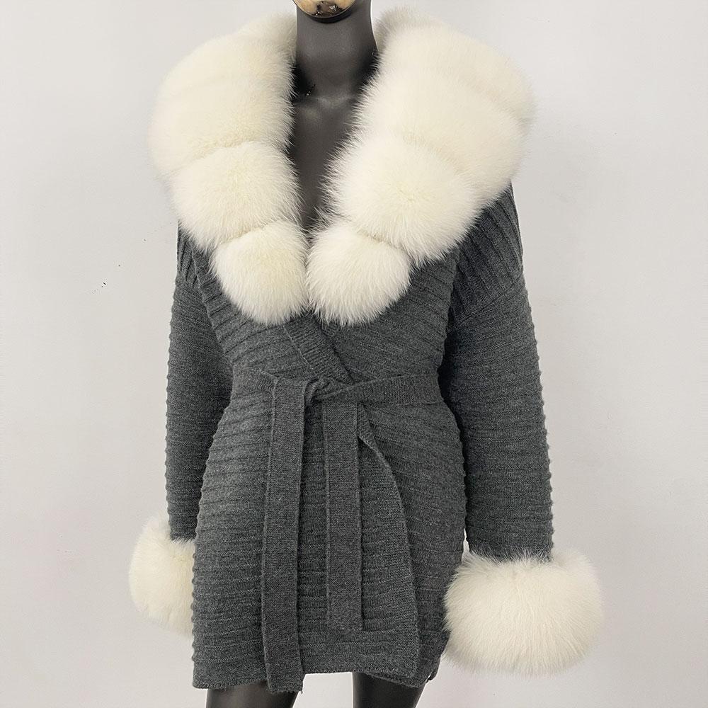 OFTBUY Осеннее женское мягкое длинное теплое вязаное пальто из настоящего большого лисьего меха с поясом и отложным воротником, повседневная куртка-свитер, свободная женская элегантная длинная