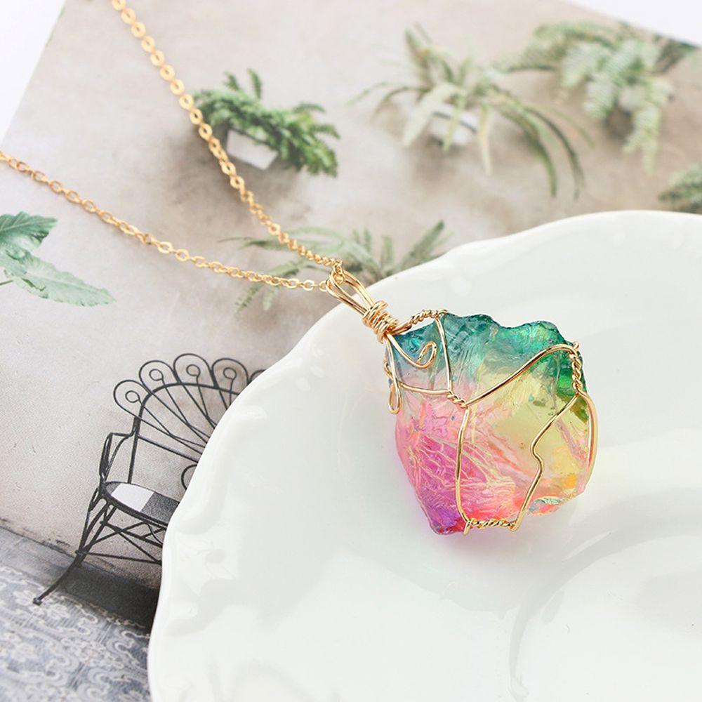 Gold Plated Chakra Quartz Jewelry Natural Crystal Pendant Necklace Irregular Rainbow Stone