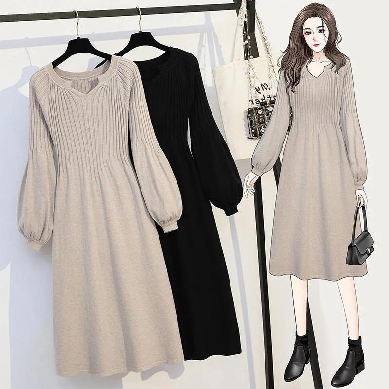Осенне-зимняя одежда, Свободный V-образный вырез большого размера, Живот, Длинный вязаный свитер, Юбка-основа, Женский тренд