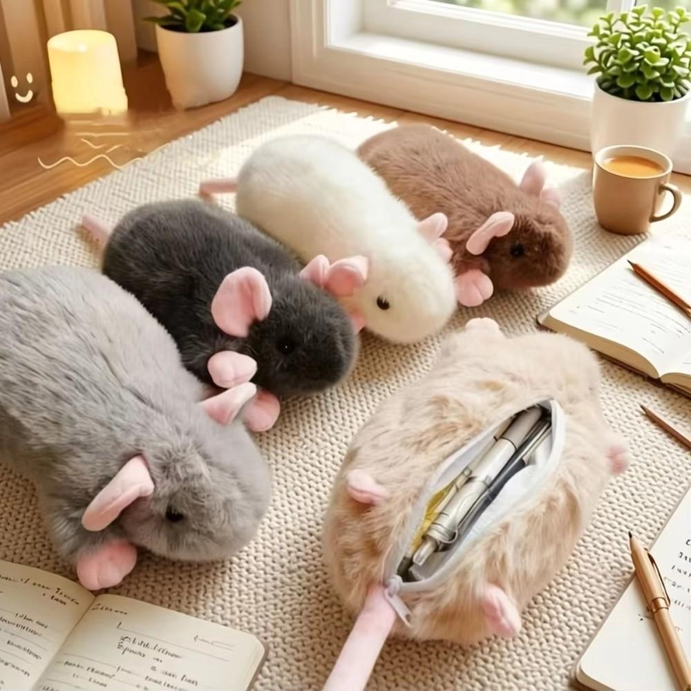 Soft Furry Texture Fancy Rat Pencil Case Plush Zipper Pen Pouch Student Stationery