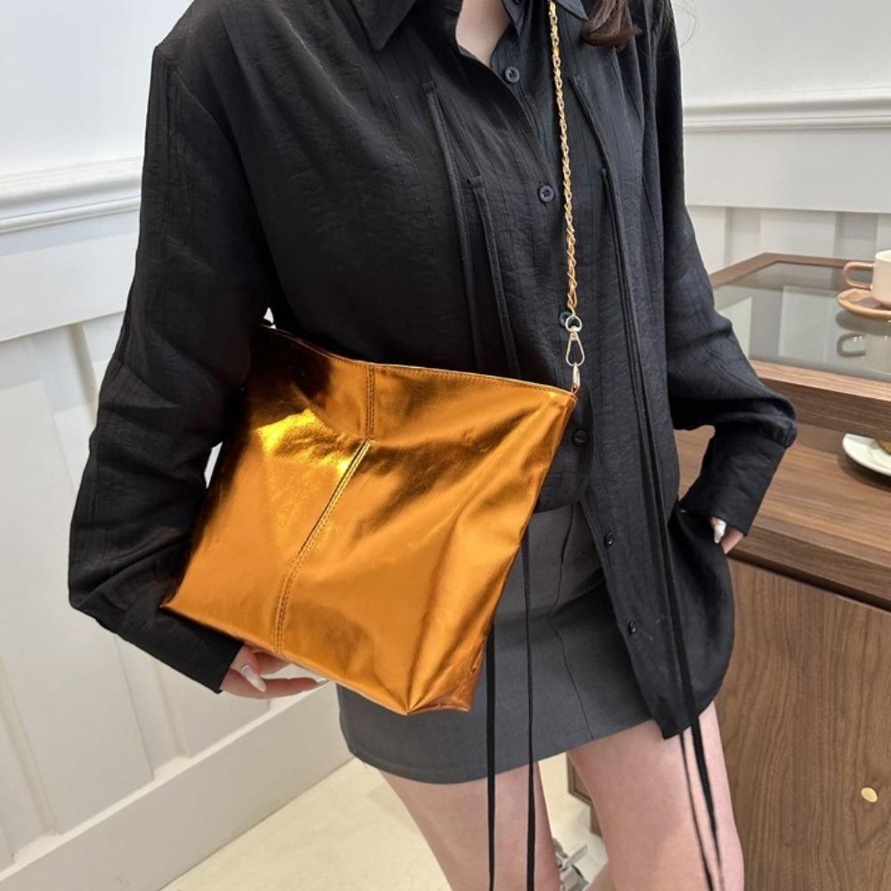 Large Capacity PU Leather Tote Bag Solid Color Women Handbag Retro Chain Shoulder Bag Party