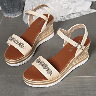 Европейские, американские сандалии на танкетке для внешней торговли с ремешком на щиколотке, с открытым носком, со стразами, женские, летние, большого размера, на платформе