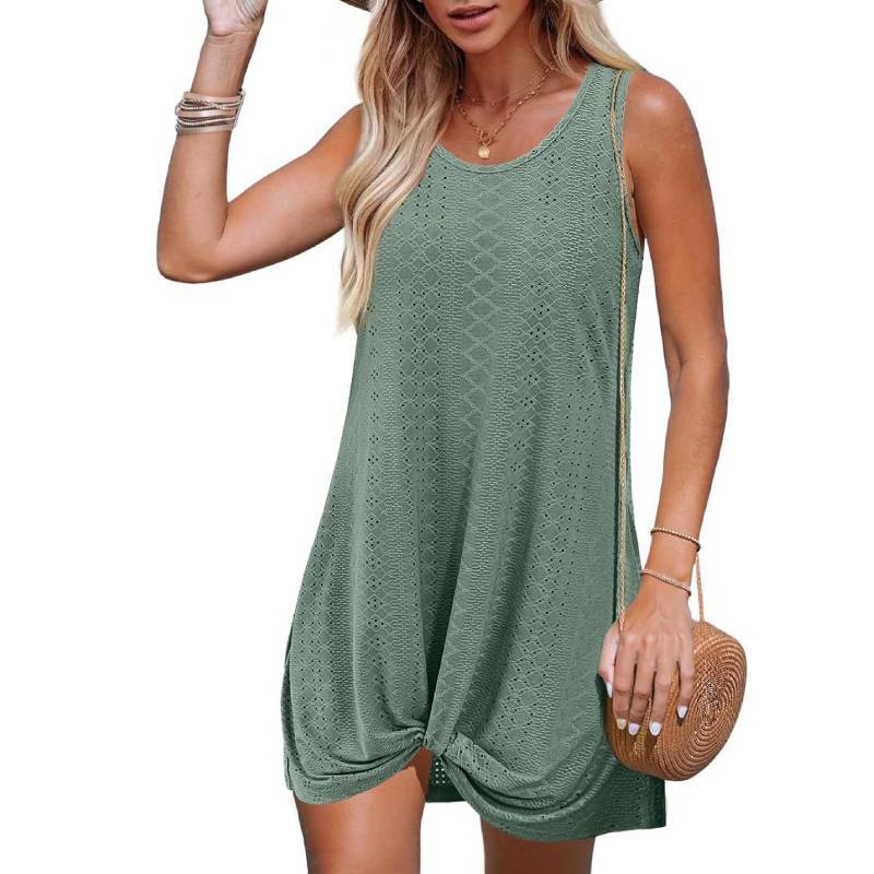Polyester Splicing Aline Mini Dress With Twist Knot For Summer Beach Vacation Wear