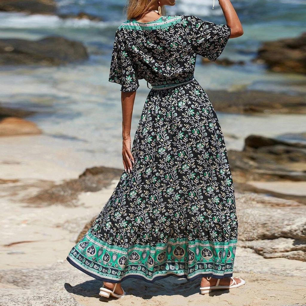 Женское платье в стиле бохо с V-образным вырезом и шнуровкой, с цветочным принтом, с короткими рукавами, длинное платье