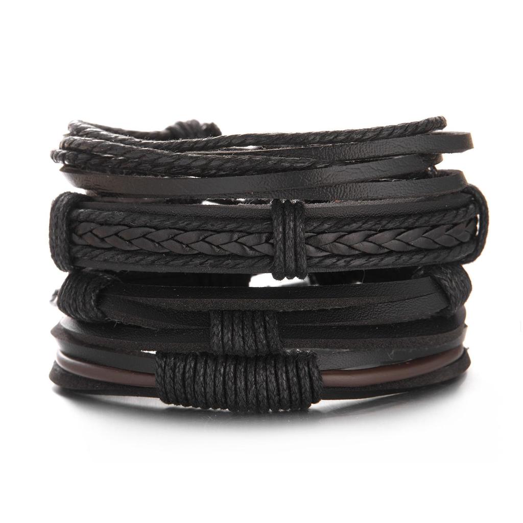 Men's Multi-Layer Bracelet Set with Wooden Beads and Braided Leather
