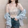 Half High Neck Mesh Base Sweater for Women with Lace Thin Fabric Underneath Black Fungus Edge Sexy See Through Top