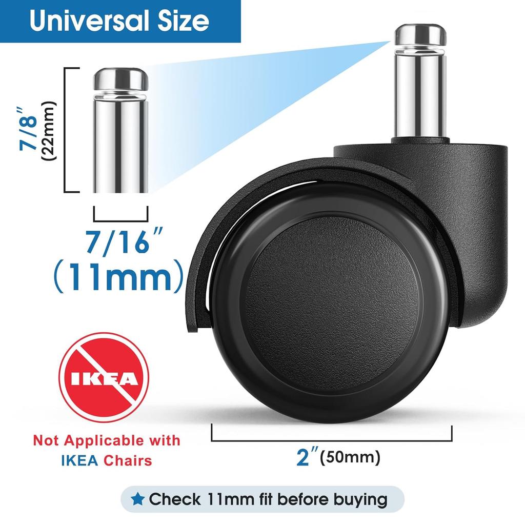 MaxGear 2" Office Chair Wheels Heavy Duty Replacement, Mute Rubber Rotating Desk Chair Caster Wheels, Safe for All Floors Including Hardwood,