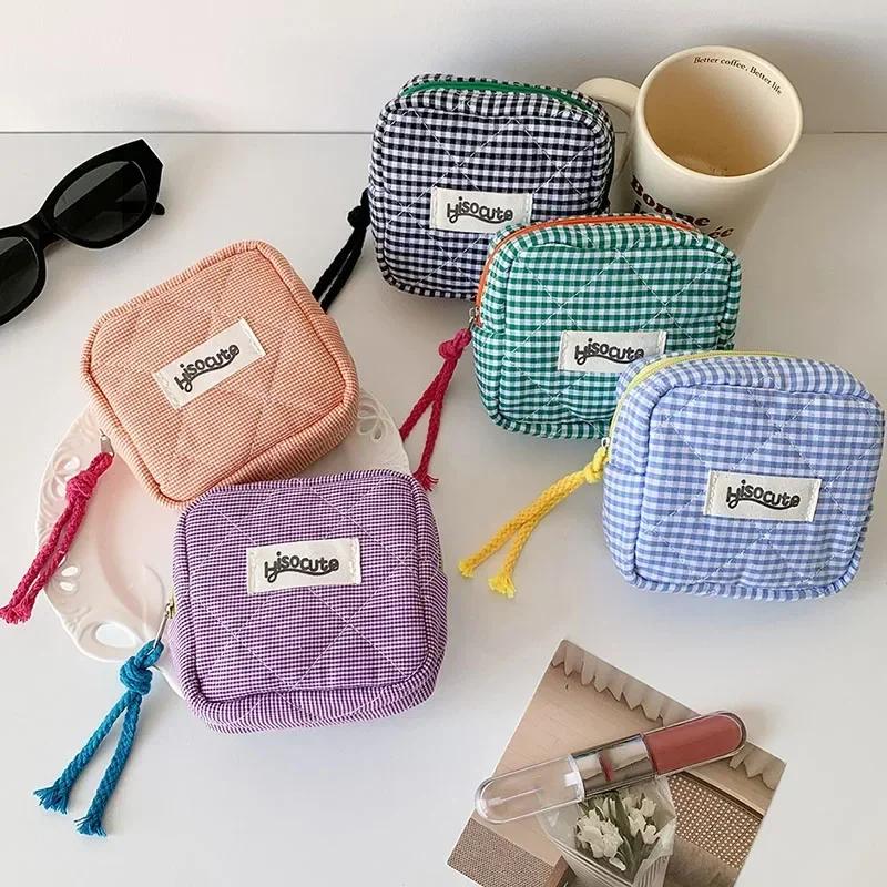 Мини-клетчатая многофункциональная косметичка для хранения помады, минималистичный клетчатый косметичка из полиэстера, маленький кошелек для монет на молнии