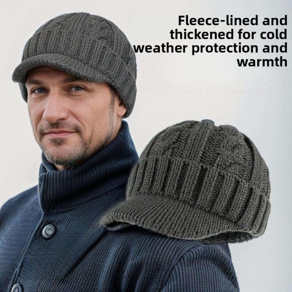 Мужская вязаная зимняя шапка с флисом - Теплая шапка без полей с коротким козырьком, подходящая для людей среднего и пожилого возраста, толстая шапка, защищающая от холода