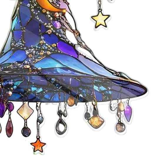 Witch Hat Sun Catcher 2D Acrylic Halloween Decoration Stained Glass Style Witch Hat Hanging Ornament for Window Wall Door