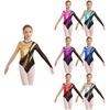 Kids Girls Shiny Gymnastic Leotard Bodysuit Mesh Long Sleeve Keyhole Back Metallic Contrast Ice Skating Jumpsuit