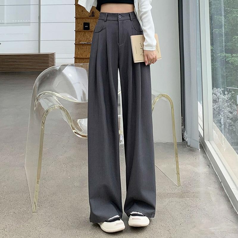 Модные новые женские прямые широкие брюки с высокой талией, простые офисные женские однотонные повседневные брюки, свободные элегантные облегающие женские брюки с карманами 25625