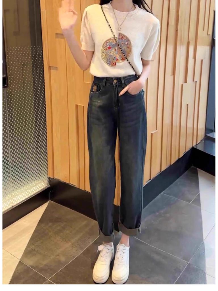 Women's Plus Velvet High Waist Carrot Jeans - Autumn/Winter 2024, Loose Fit, Pear-Shaped, Slimming, Plus Size.