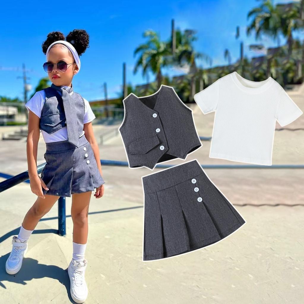 2-8Y Girls Spring and Summer Suit Fashion V-neck Single-breasted Waistcoat + Pullover Top + Pleated Skirt 3pcs