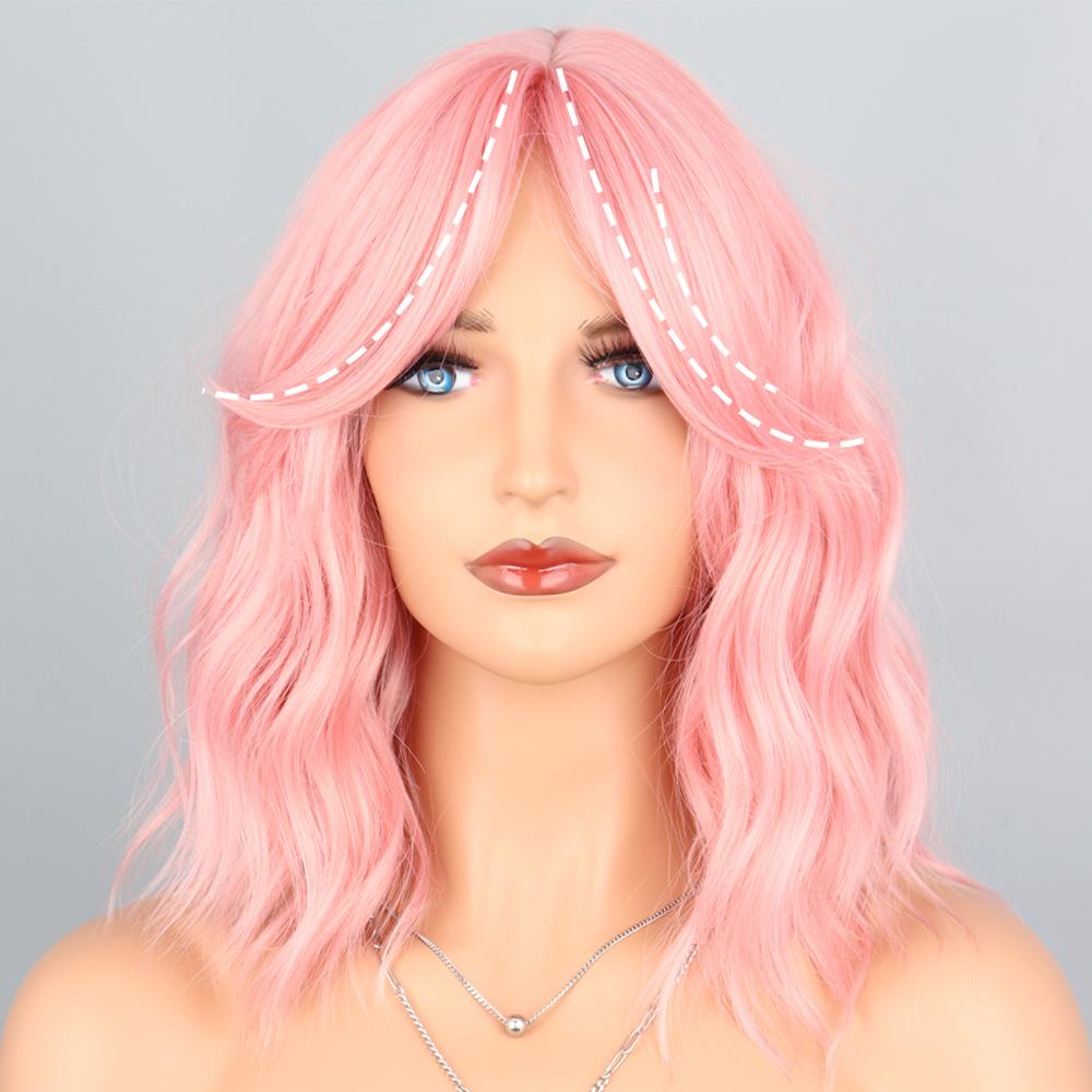 LISI HAIR Synthetic Hair Wig Pink Black Medium Wave Wig with Middle Part Bangs for Women Heat Resistant Fiber False Hair