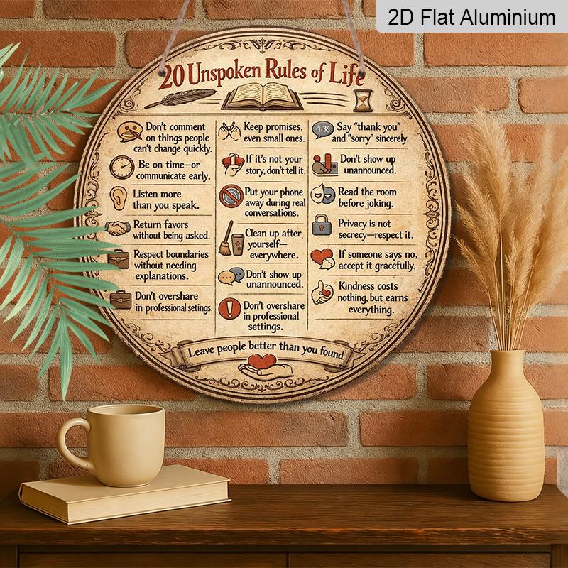 2D Flat, 1pc Round Aluminum Hanging Sign, Vintage Plaque about "20 Unwritten Rules of Life", Inspirational Quotes Wisdom Sayings Life Principles