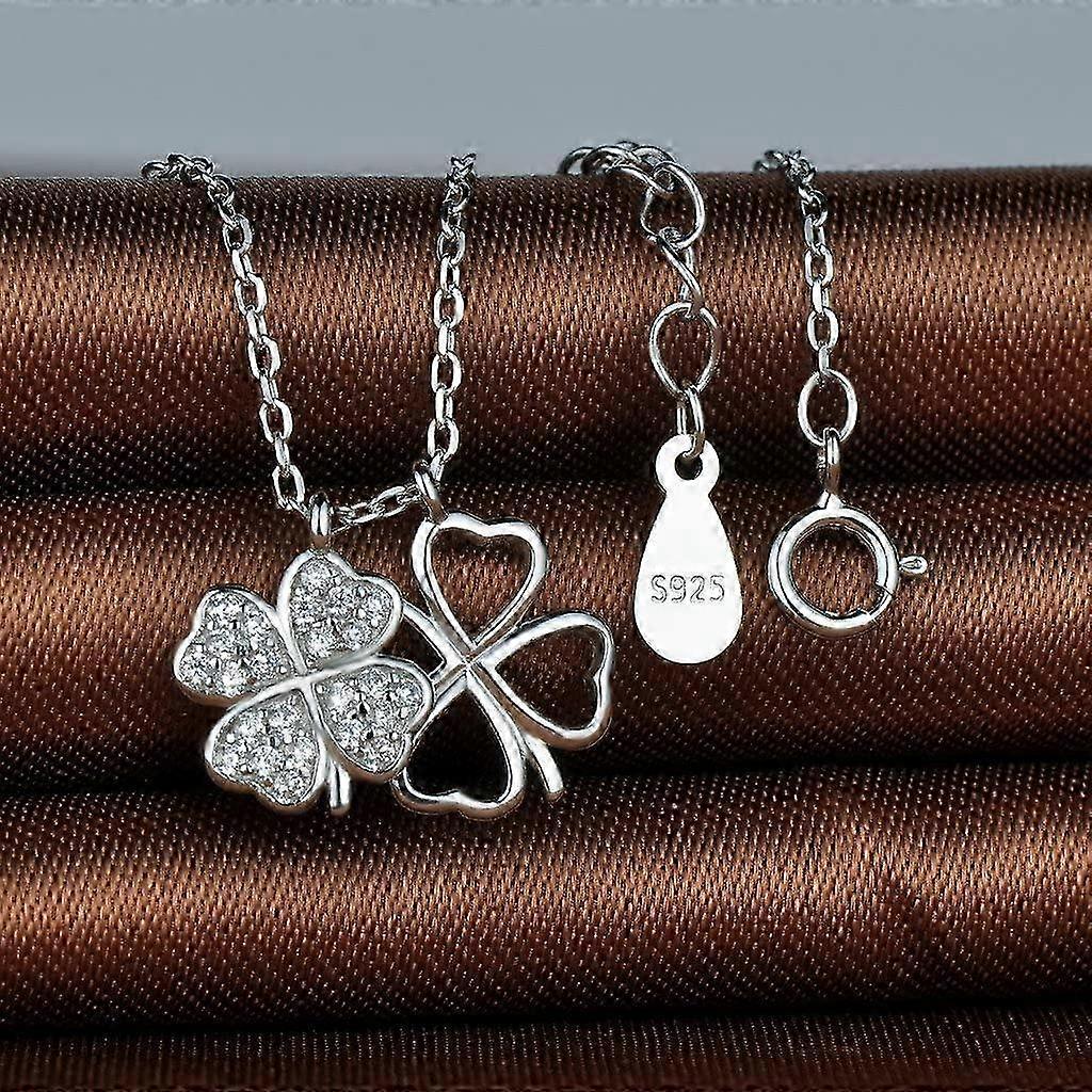 Clover pendant necklace, 925 silver necklace for women girl, inlaid,Christmas and birthday giftsliver) 25-26