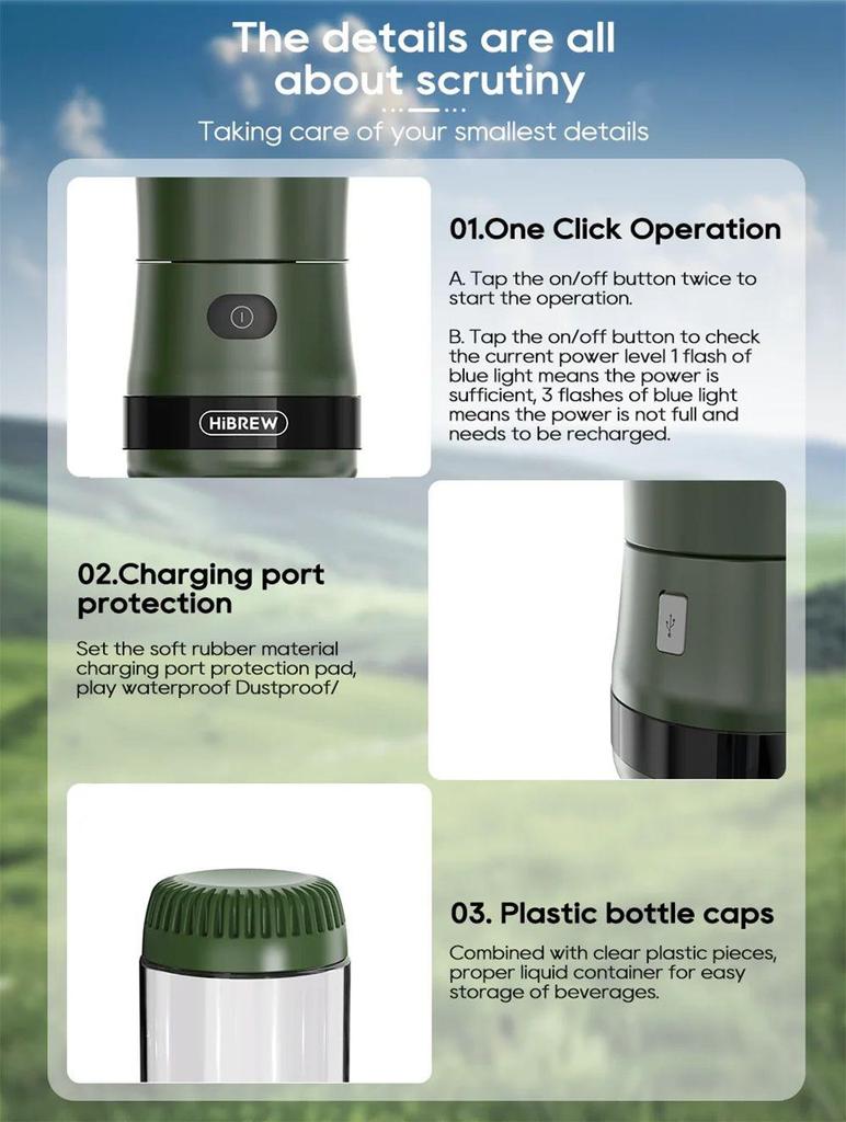 HiBREW G2 3in1 Coffee Grinder, 2000mAh Double Cup, Fruit Mixers Juicers Blender Ice Crusher, for Camping or Journey