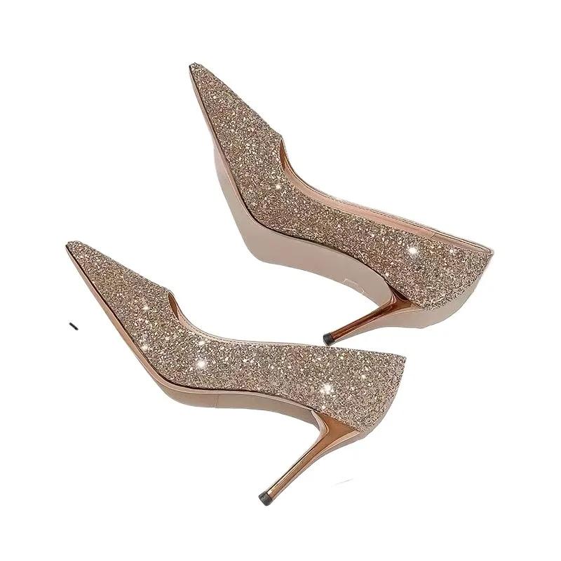 2024 Высококачественная женская обувь на низком каблуке для женщин, модные туфли с блестками для вечеринок, женские сексуальные туфли с острым носком, однотонные каблуки для женщин