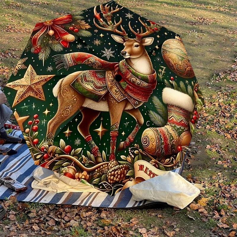 1PC Christmas DeerAutomatic Open/Close Umbrella with Windproof, 8-Rib Sturdy Canopy, Durable Ribs, Fashionable Design, Outdoor Accessory, Fun Prin, Ho
