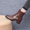 2025 New Retro Thick Heel Short Boots Women's Winter Square Head Middle Heel Thin Elastic Thin Boots Bare Boots Women's Martin Boots