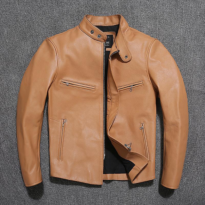 Men Motor Riker Leather Jacket.sales Young Fashion Cowhide Coat.short Slim Fit Real Leather Clothes