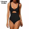 Ribbed One Piece Swimsuits for Women Cutout Scoop Neck Bathing Suit High Cut Padded Monokini