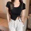 Irregular Square Collar Short Sleeve T-shirt Slim Fit Slimming Sweet and Spicy Style Drawstring Short Top Summer
