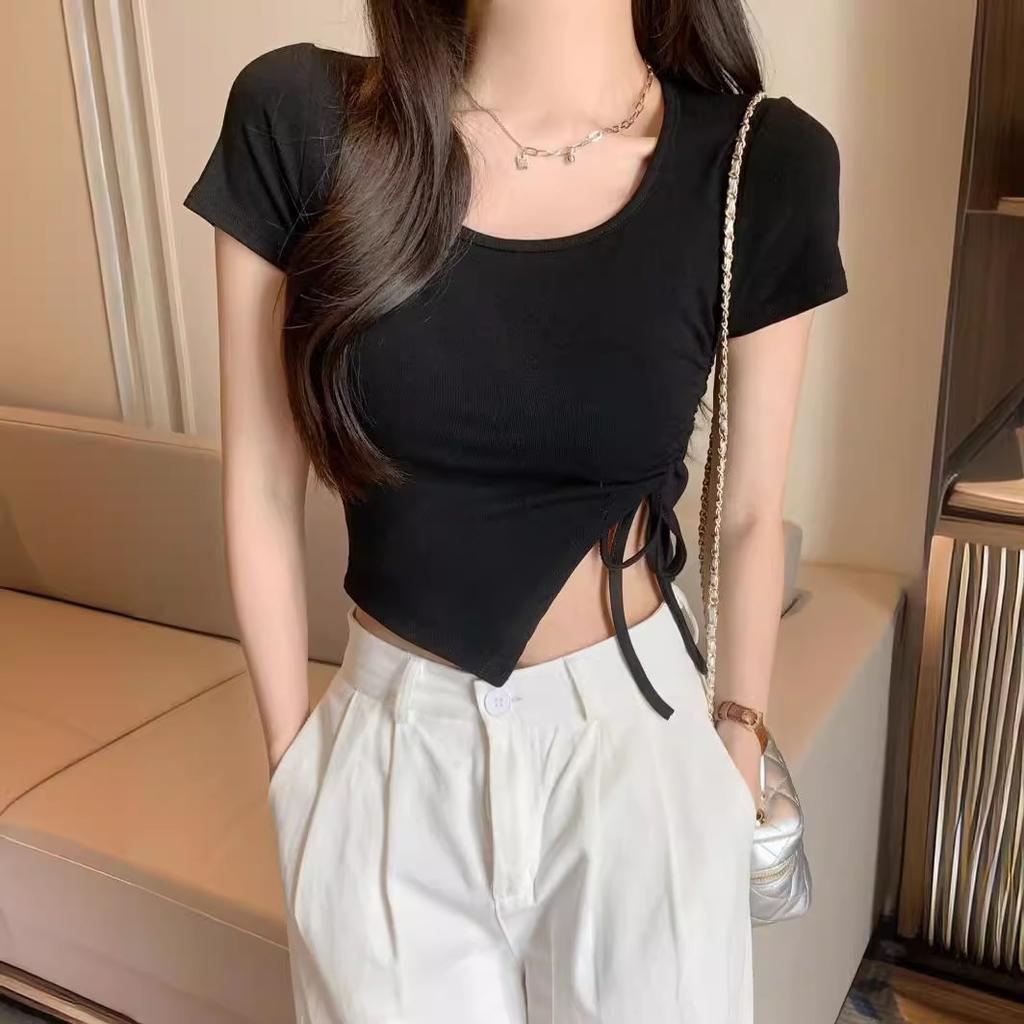 Irregular Square Collar Short Sleeve T-shirt Slim Fit Slimming Sweet and Spicy Style Drawstring Short Top Summer