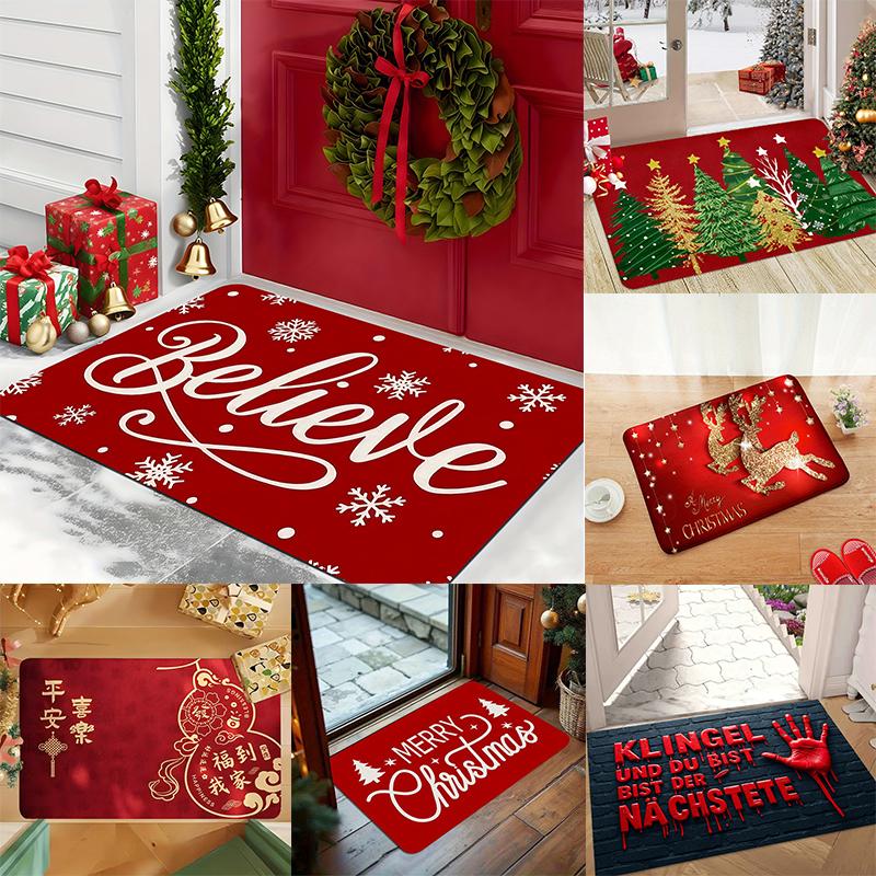 Festive Holiday Floor Rug Christmas Text Slogan Snowflakes Xmas Trees Reindeer Creative Pattern Decor Area Rug Porch Ornament