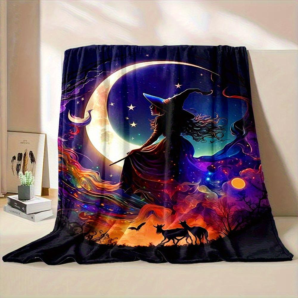 Reversible Suitable for All-Season Cozy Flannel Throw Blanket with Country Witch Riding Broom, Bats & Moon Design - Soft Bedspread for Couch, Bed, Bed