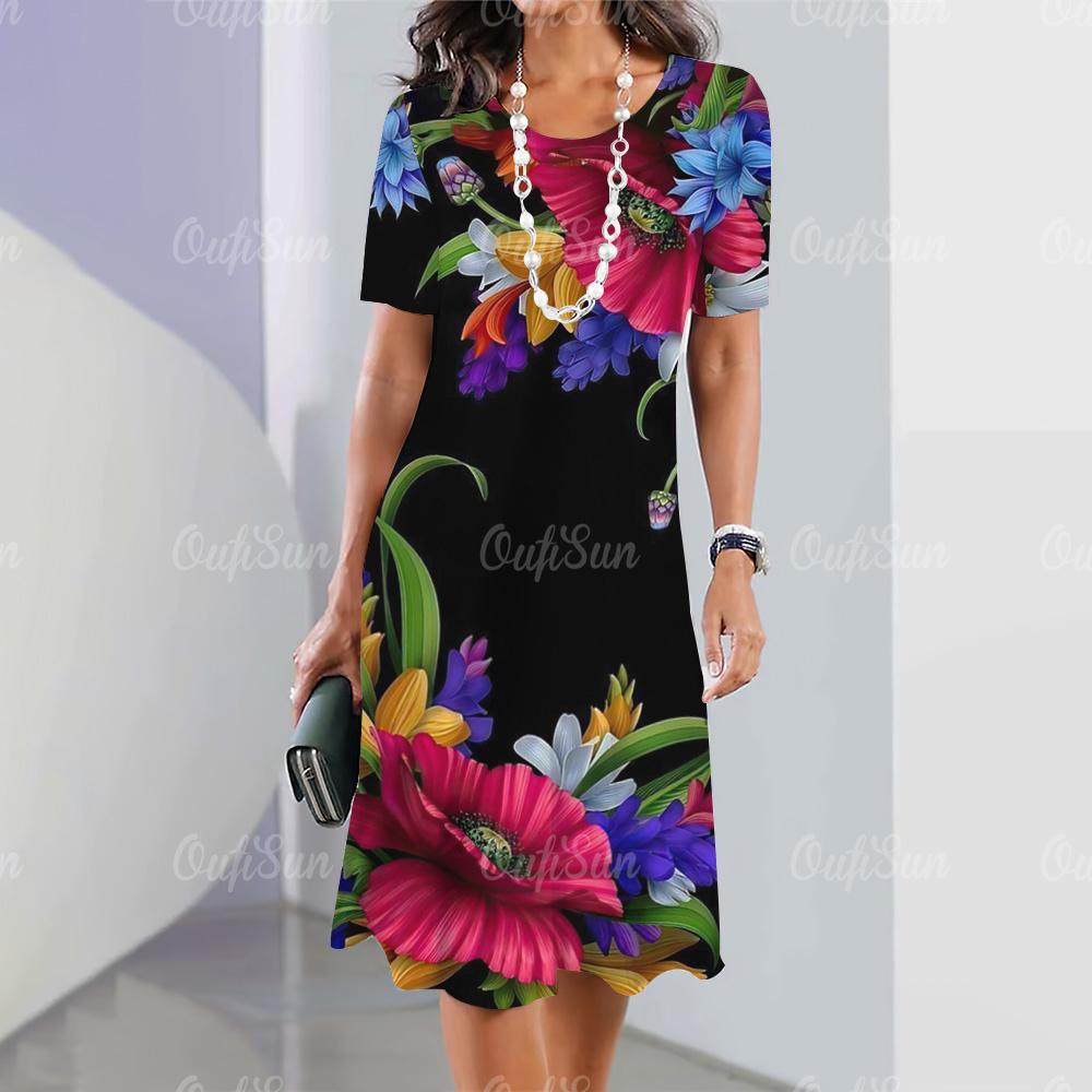 Новые женские платья, элементы 3D-цветочной печати, элегантные повседневные платья с коротким рукавом, модные женские платья больших размеров 2024 года