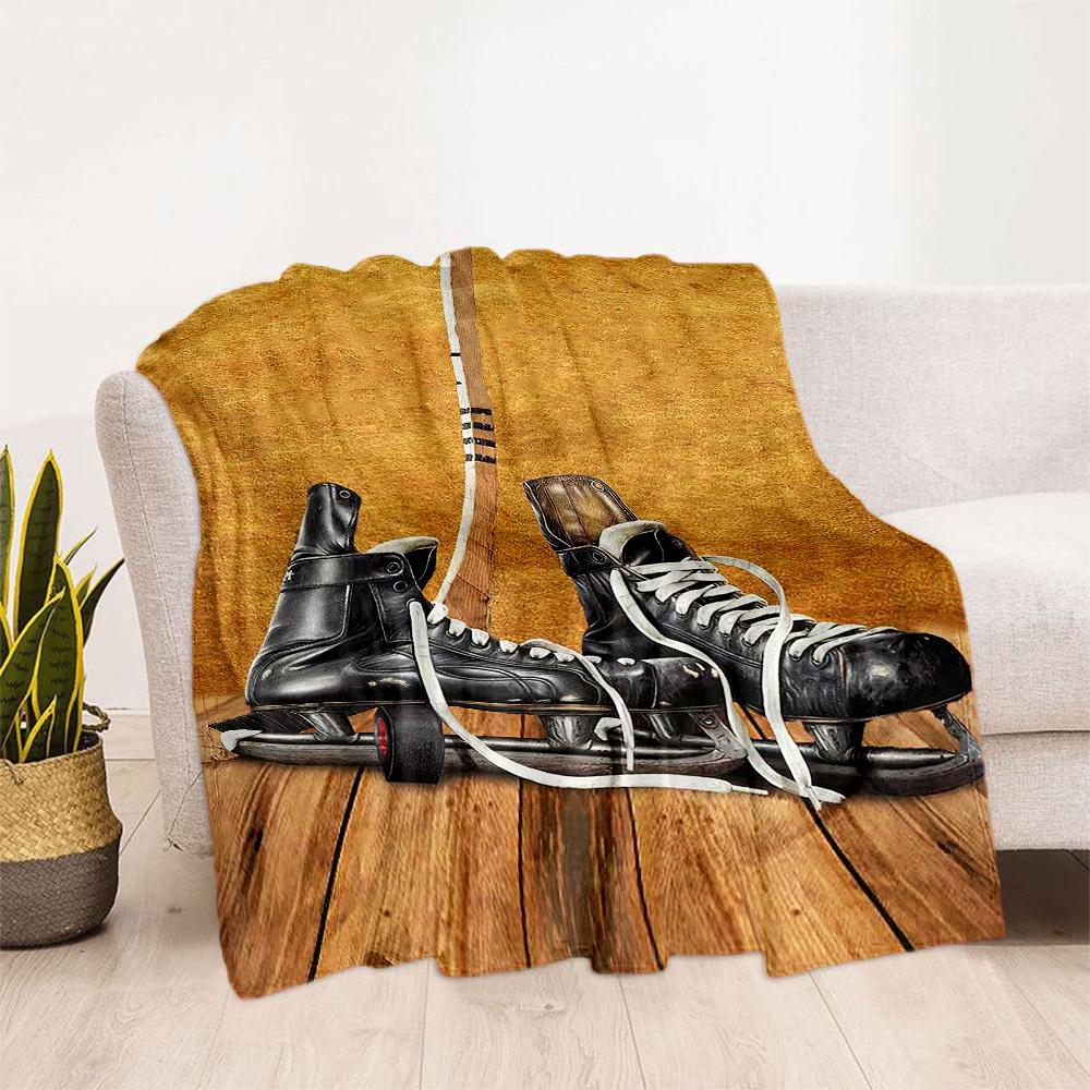 Hockey Equipment On Wooden Floor Blankets are suitable for living rooms, bedrooms, camping, and other places, making them an ideal choice for gifts.