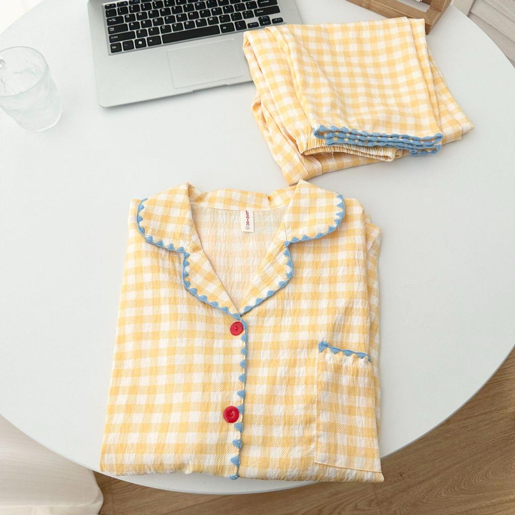 Женский пижамный комплект из облачного хлопка в желтую клетку с отделкой по краю в виде ракушек - С длинным рукавом, для дома на весну/осень, с ощущением высокого качества.