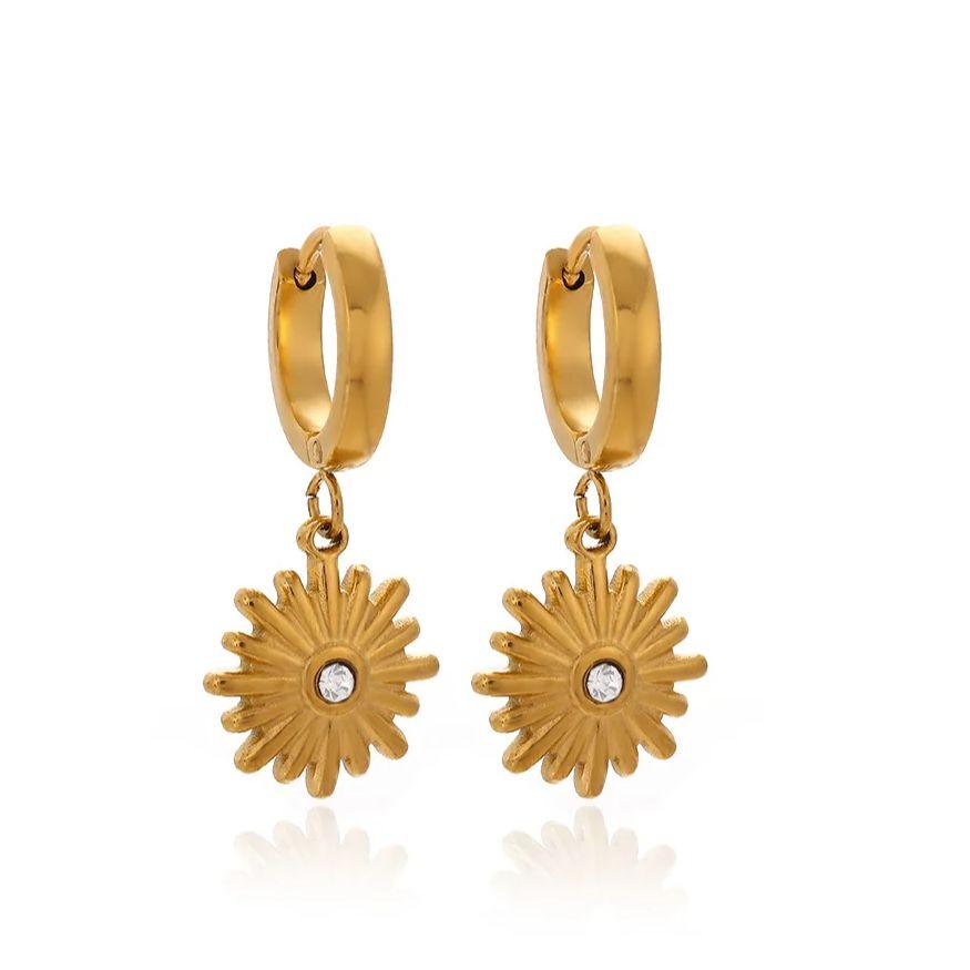Zircon Sunflower Dangle Earrings For Women Gold Color Stainless Steel Geometric Sunflower Earring Wedding Christmas Jewelry