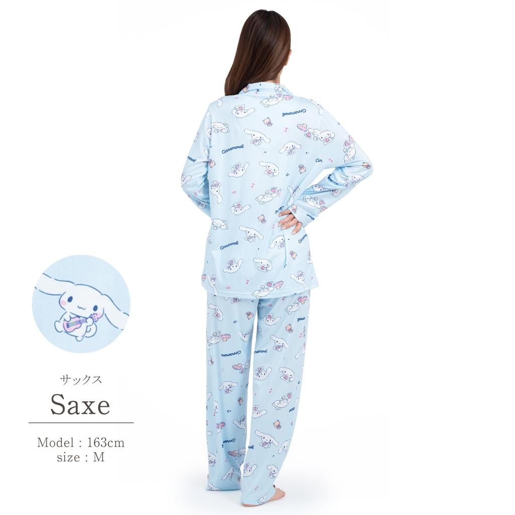SAZAC Cinnamoroll Shirt Powder Long Sleeve and Pants MUSIC Cinnamoroll Pajamas, Stretch, Women's, Set, Loungewear, (Sax/M/SAN1788)